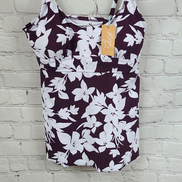 NWT Kona Sol Women's Scoop Neck Adjustable Padded Tankini Top Burgundy Floral - Picture 2 of 10